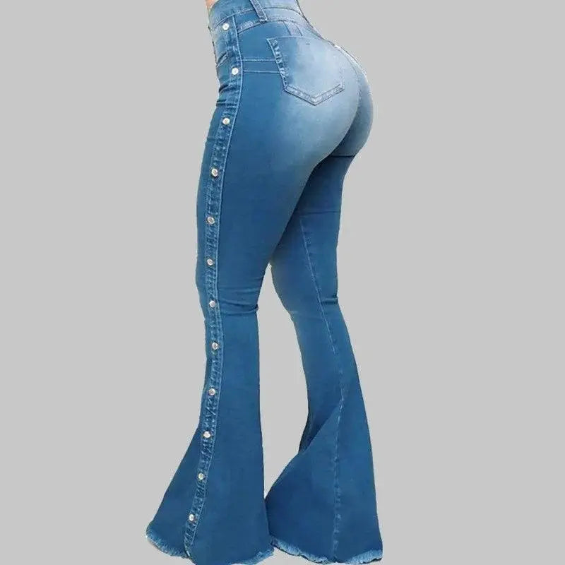 Fashion Side Studded Buckle Decoration Flared Jeans Women Wide Leg Trousers High Waist Denim Pants Daily Casual Chic Streetwear - Tophatter Daily Deals