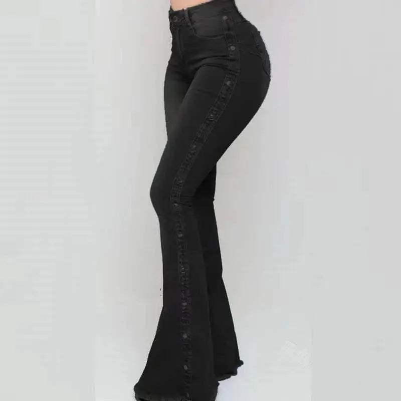 Fashion Side Studded Buckle Decoration Flared Jeans Women Wide Leg Trousers High Waist Denim Pants Daily Casual Chic Streetwear - Tophatter Daily Deals
