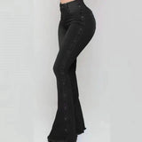 Fashion Side Studded Buckle Decoration Flared Jeans Women Wide Leg Trousers High Waist Denim Pants Daily Casual Chic Streetwear - Tophatter Daily Deals