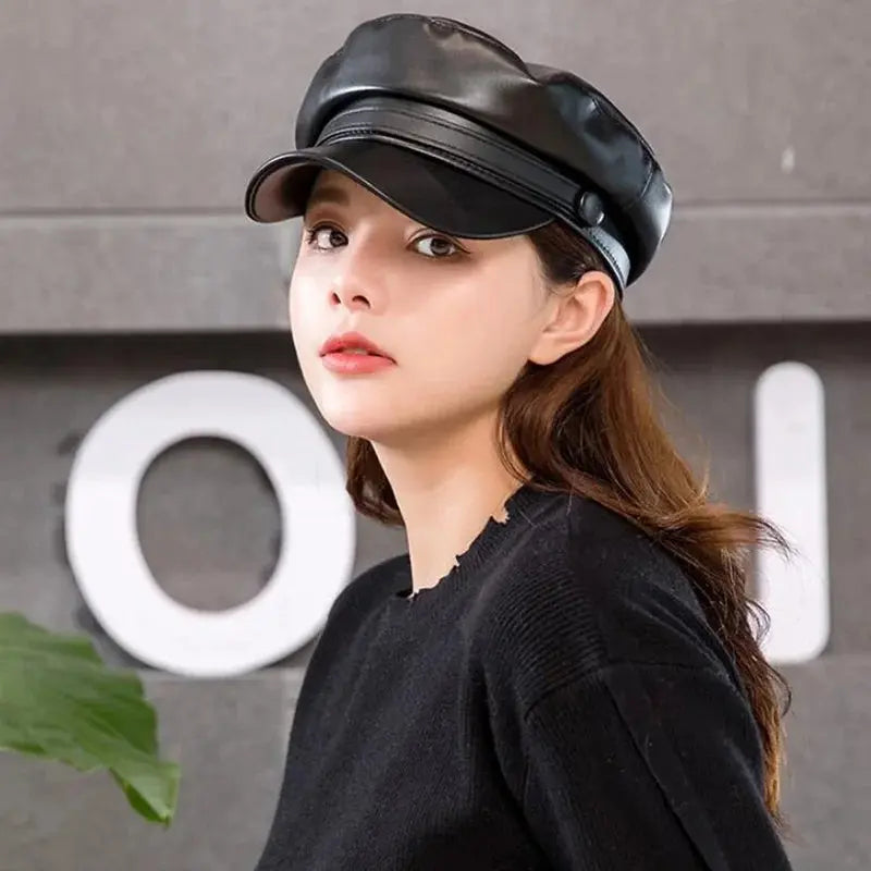 Fashion Unisex PU Leather Military caps Spring Autumn Sailor Hats for Women Men Black Grey Flat Top Captain Cap Travel Cadet Hat - Tophatter Daily Deals