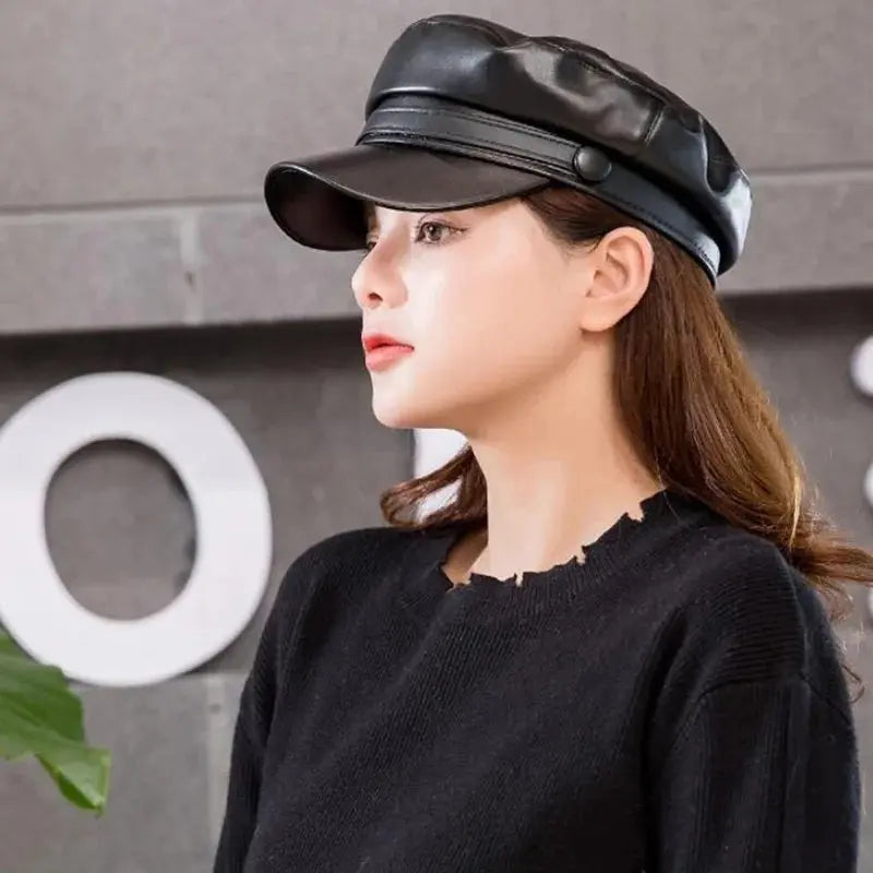 Fashion Unisex PU Leather Military caps Spring Autumn Sailor Hats for Women Men Black Grey Flat Top Captain Cap Travel Cadet Hat - Tophatter Daily Deals