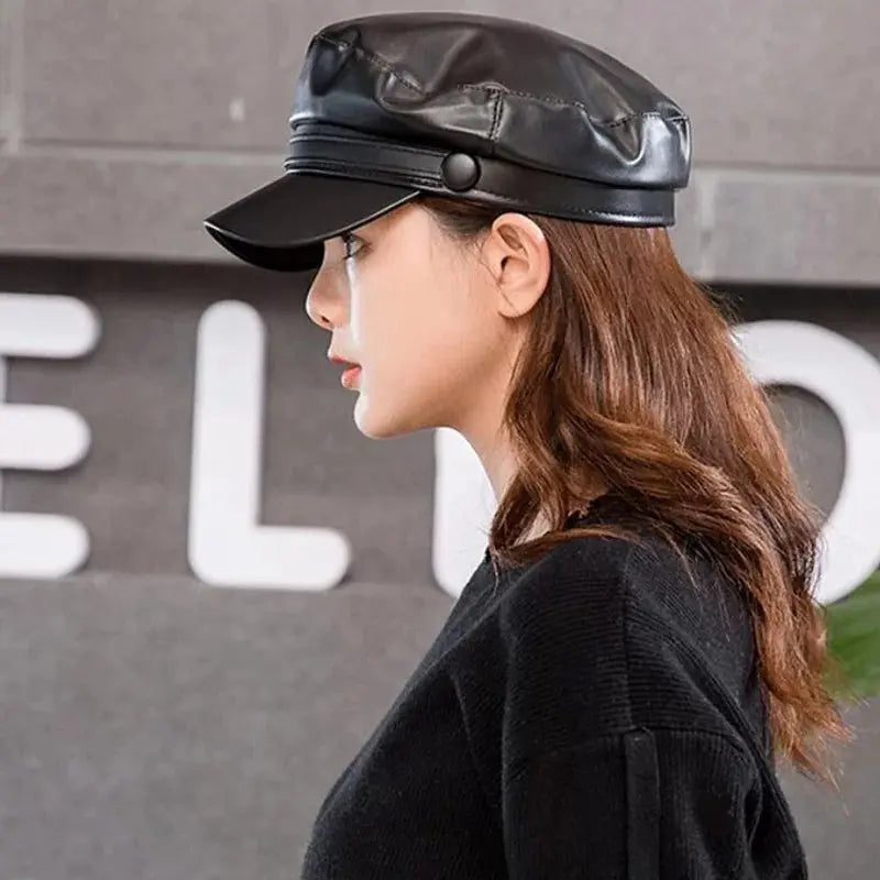 Fashion Unisex PU Leather Military caps Spring Autumn Sailor Hats for Women Men Black Grey Flat Top Captain Cap Travel Cadet Hat - Tophatter Daily Deals