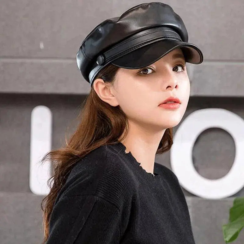 Fashion Unisex PU Leather Military caps Spring Autumn Sailor Hats for Women Men Black Grey Flat Top Captain Cap Travel Cadet Hat - Tophatter Daily Deals