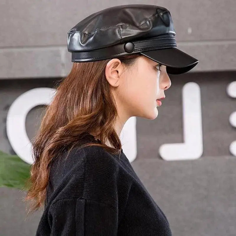 Fashion Unisex PU Leather Military caps Spring Autumn Sailor Hats for Women Men Black Grey Flat Top Captain Cap Travel Cadet Hat - Tophatter Daily Deals