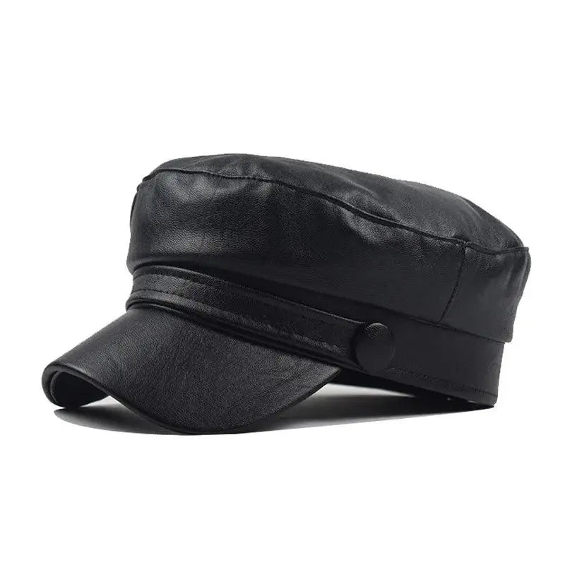 Fashion Unisex PU Leather Military caps Spring Autumn Sailor Hats for Women Men Black Grey Flat Top Captain Cap Travel Cadet Hat black 55-58cm - Tophatter Daily Deals