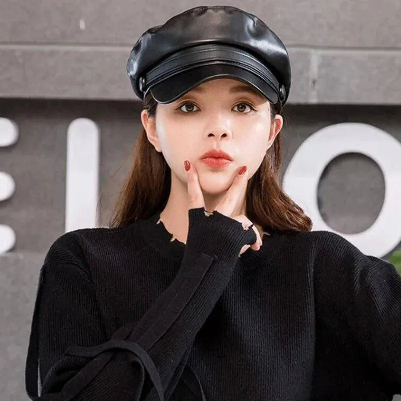 Fashion Unisex PU Leather Military caps Spring Autumn Sailor Hats for Women Men Black Grey Flat Top Captain Cap Travel Cadet Hat - Tophatter Daily Deals