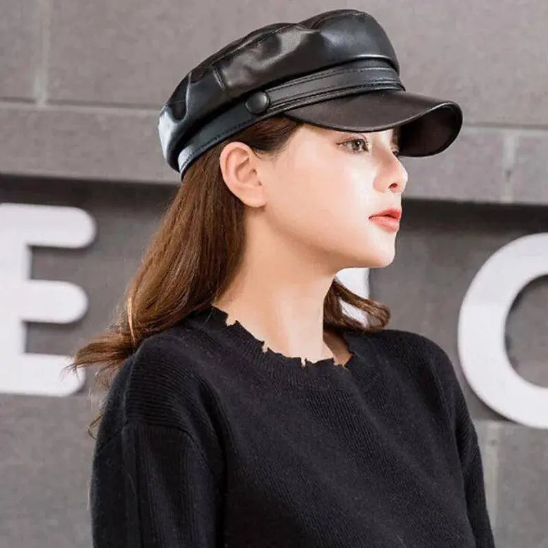Fashion Unisex PU Leather Military caps Spring Autumn Sailor Hats for Women Men Black Grey Flat Top Captain Cap Travel Cadet Hat - Tophatter Daily Deals