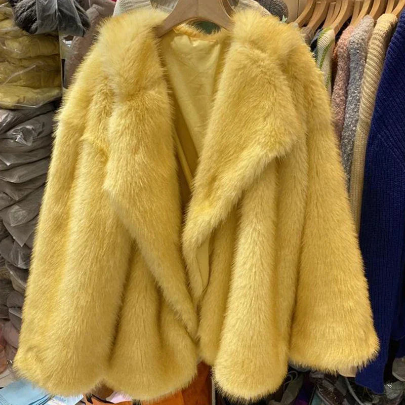 Warm Cozy Women Fur Coat - Oversized Cut, Plush Faux, Winter Yellow - Tophatter Daily Deals