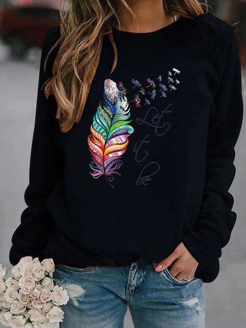 Soft Cozy Women's Pullover - Feather Print, Knit Winter Black - Tophatter Daily Deals