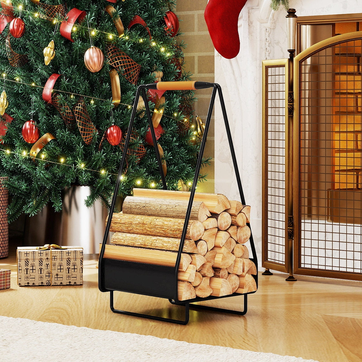 Firewood Storage Rack Heavy-duty Metal Log Holder with Handle and Square Rack Garden & Patio - Tophatter Daily Deals
