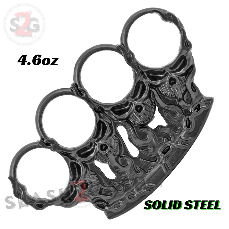 Flaming Skulls Brass Knuckle Duster Steel Paper Weight - Black Belt Buckle - Tophatter Daily Deals