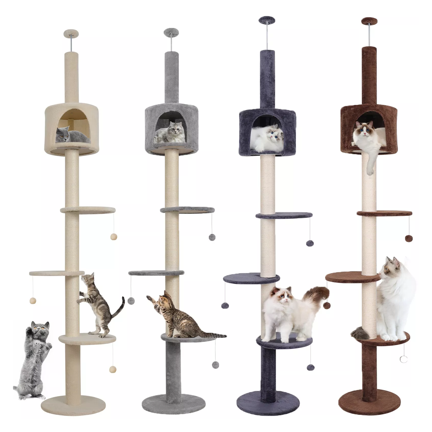Floor To Ceiling Cat Tree – 220-260cm 4-Tier Climbing Tower Tall Scratching Post for Cats pet - Tophatter Daily Deals