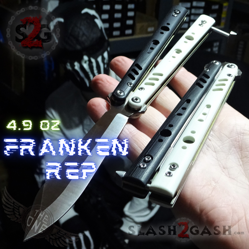 FrankenREP Butterfly Knife TITANIUM Balisong (clone) Replicant - V1 Stitched (BK+WH) w Silver Liners - Alt Blade Knife-Balisong - Tophatter Daily Deals