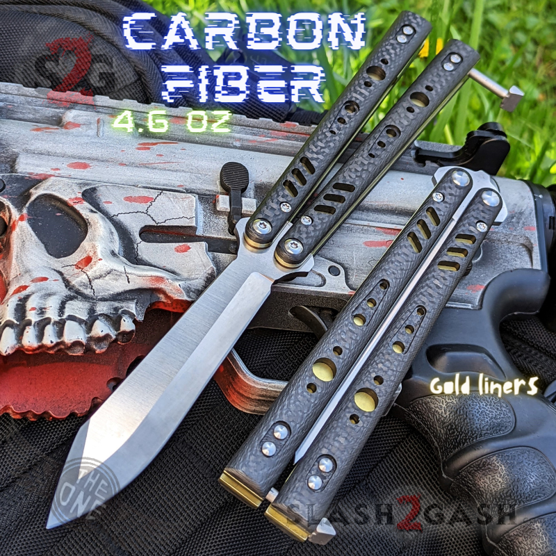 S2G FrankenREP Balisong clone TITANIUM Butterfly Knife - V2 (Carbon Fiber) 700 series - CF1 w Gold Liners, VG10 (you choose blade shape colors) Knife-Balisong - Tophatter Daily Deals