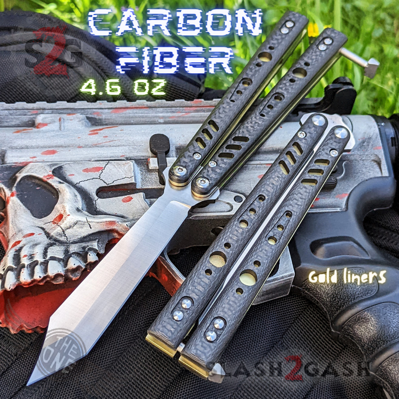 FrankenREP Butterfly Knife TITANIUM Balisong (clone) Replicant - V1 Carbon Fiber w Gold Liners - Tanto Blade Knife-Balisong - Tophatter Daily Deals
