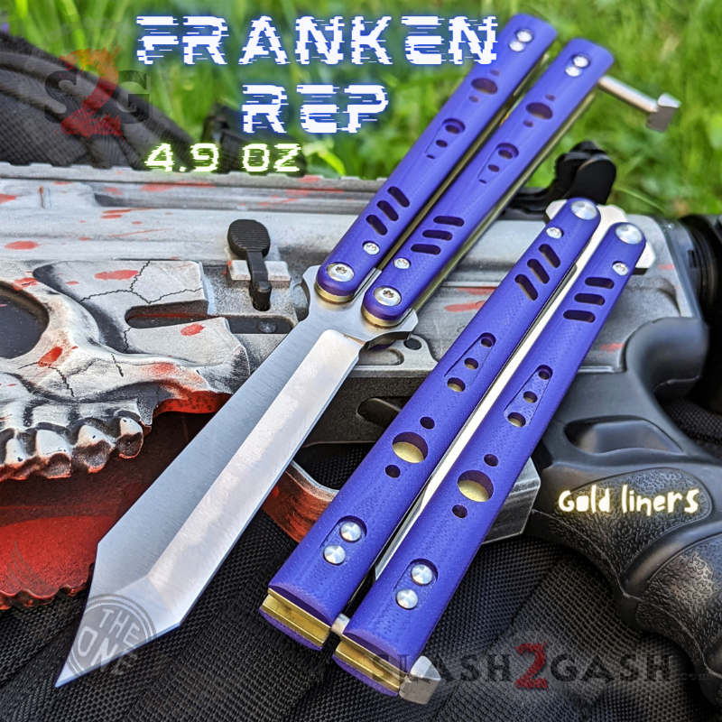 FrankenREP Butterfly Knife TITANIUM Balisong (clone) Replicant - V1 Purple w Gold Liners - Tanto Blade Knife-Balisong - Tophatter Daily Deals