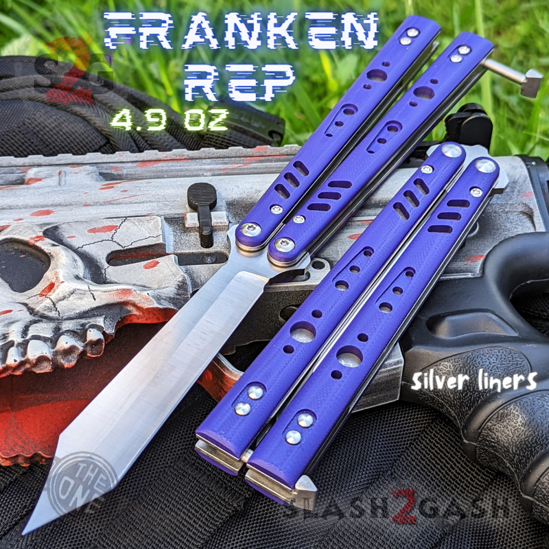FrankenREP Butterfly Knife TITANIUM Balisong (clone) Replicant - V1 Purple w Silver Liners - Tanto Blade Knife-Balisong - Tophatter Daily Deals