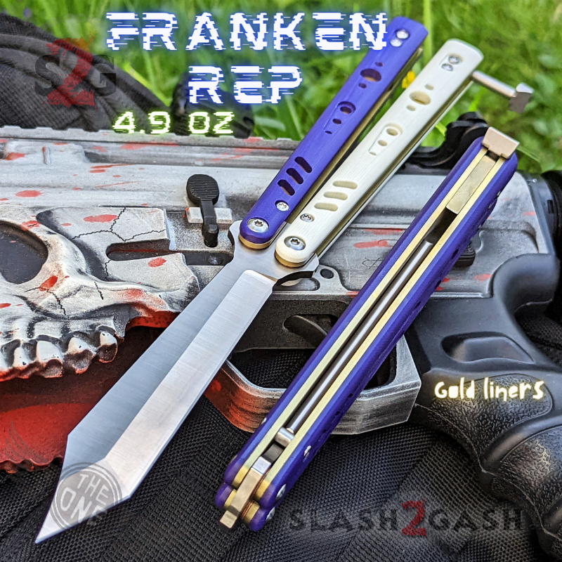 FrankenREP Butterfly Knife TITANIUM Balisong (clone) Replicant - V1 Stitched (PP+WH) w Gold Liners - Tanto Blade Knife-Balisong - Tophatter Daily Deals