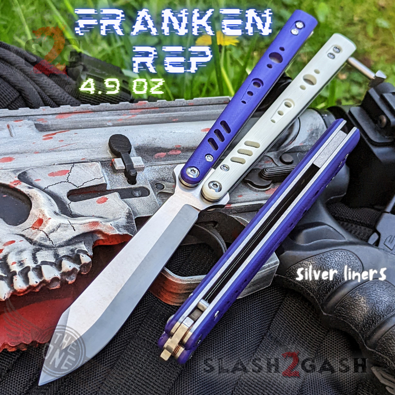FrankenREP Butterfly Knife TITANIUM Balisong (clone) Replicant - V1 Stitched (PP+WH) w Silver Liners - Alt Blade Knife-Balisong - Tophatter Daily Deals
