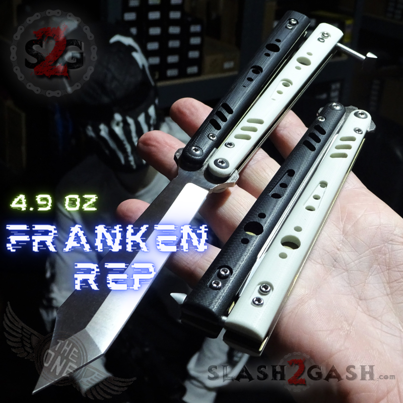 FrankenREP Butterfly Knife TITANIUM Balisong (clone) Replicant - V1 Stitched (BK+WH) w Silver Liners - Tanto Knife-Balisong - Tophatter Daily Deals