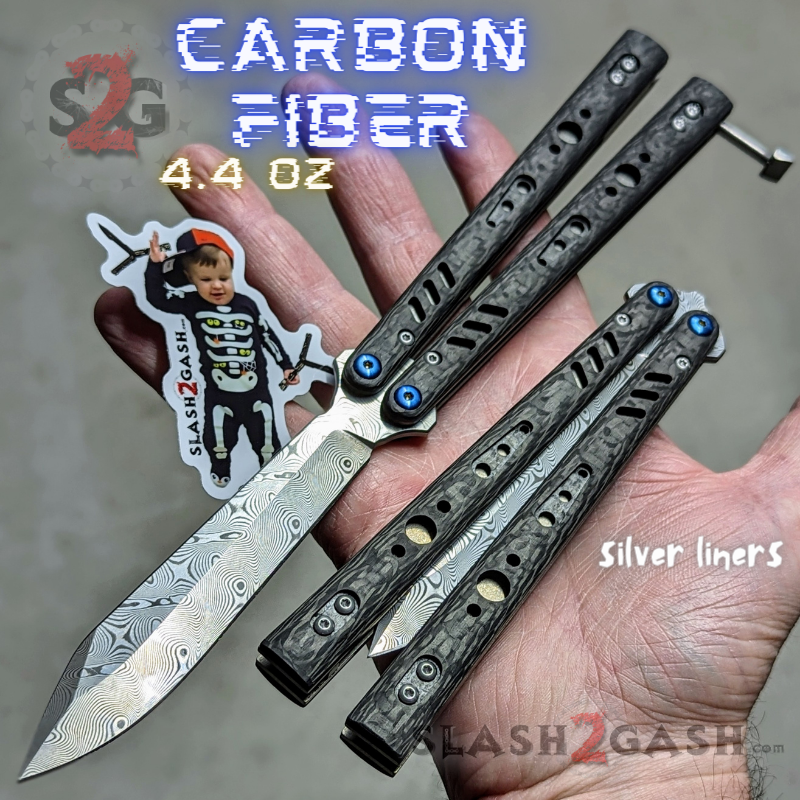 FrankenREP Butterfly Knife TITANIUM Balisong (clone) Replicant - V1 Carbon Fiber w Silver Liners - DAMASCUS Blade Knife-Balisong - Tophatter Daily Deals