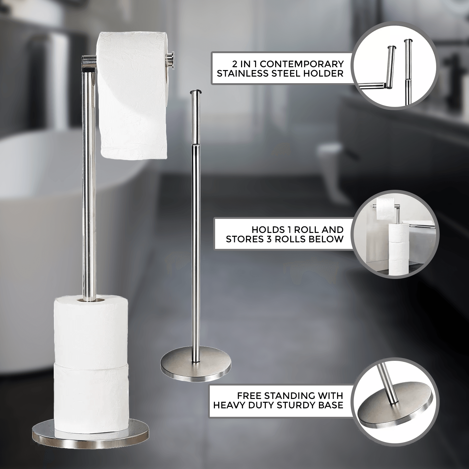 Standing Toilet Paper Holder - 5 Loop Roll Toilet Holder Stand No Drill Easy Setup Tools - Tophatter Daily Deals