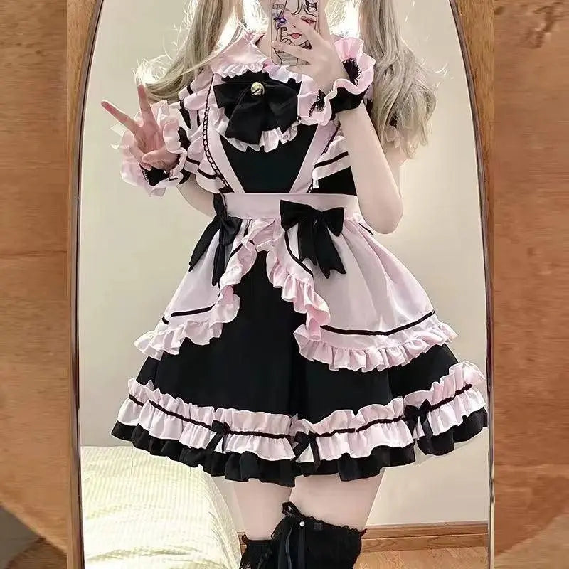 French Cute Black and Pink Lolita Dress Maid Outfit | Sweet Girly - Tophatter Daily Deals