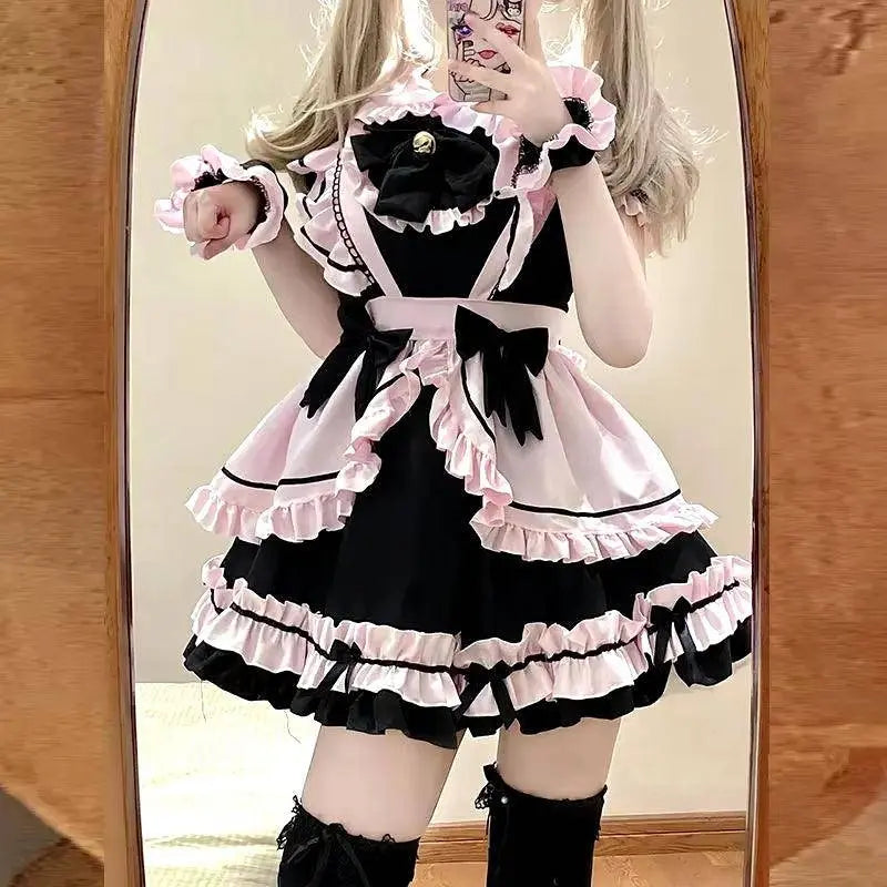 French Cute Black and Pink Lolita Dress Maid Outfit | Sweet Girly - Tophatter Daily Deals