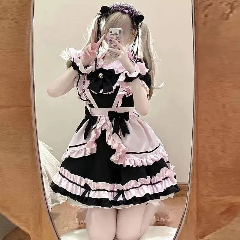 French Cute Black and Pink Lolita Dress Maid Outfit | Sweet Girly - Tophatter Daily Deals