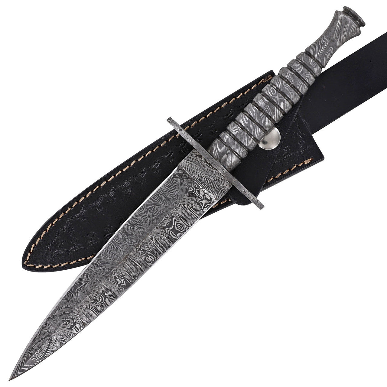 Full Damascus Steel Commando Knife with Leather Sheath Knives - Tophatter Daily Deals