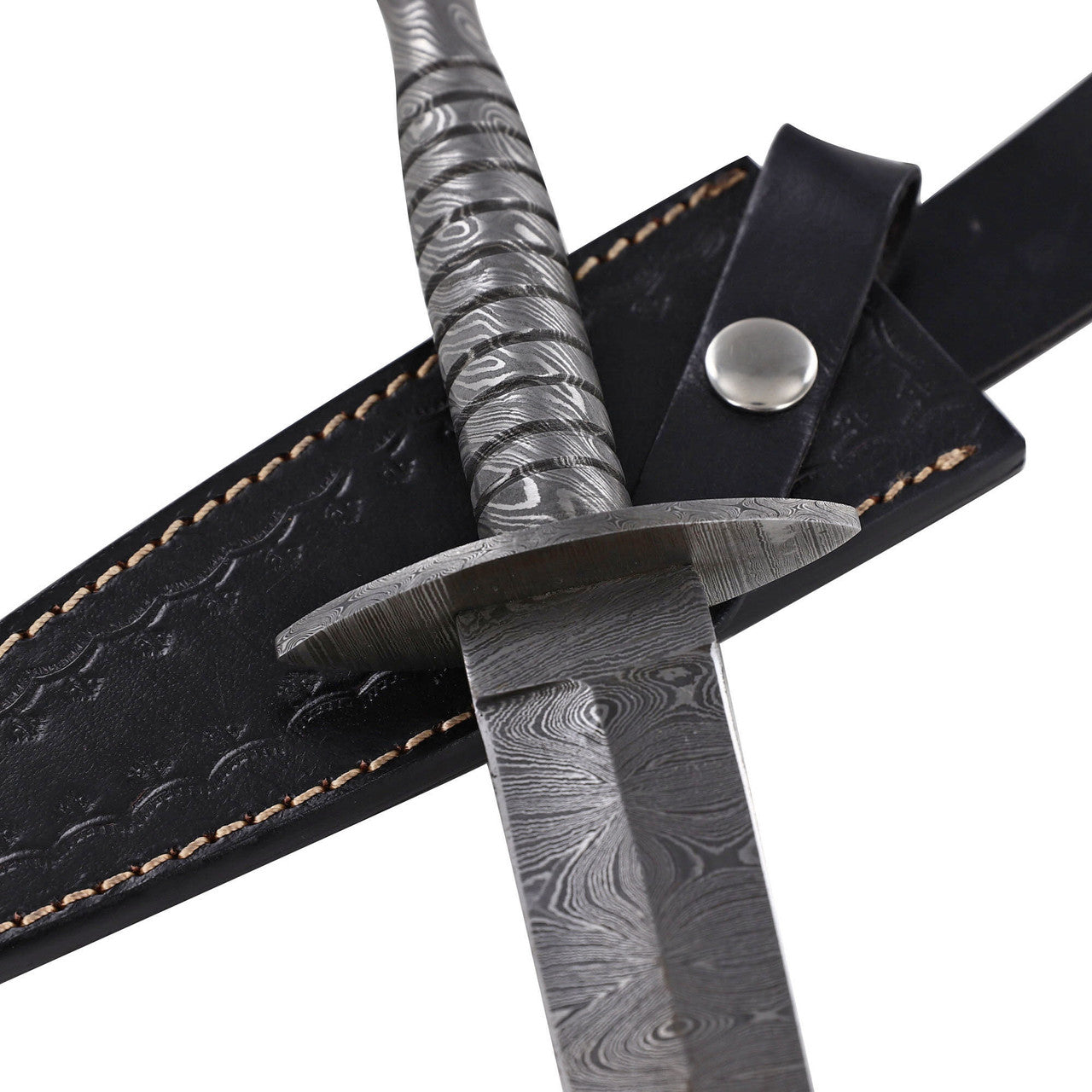 Full Damascus Steel Commando Knife with Leather Sheath Knives - Tophatter Daily Deals