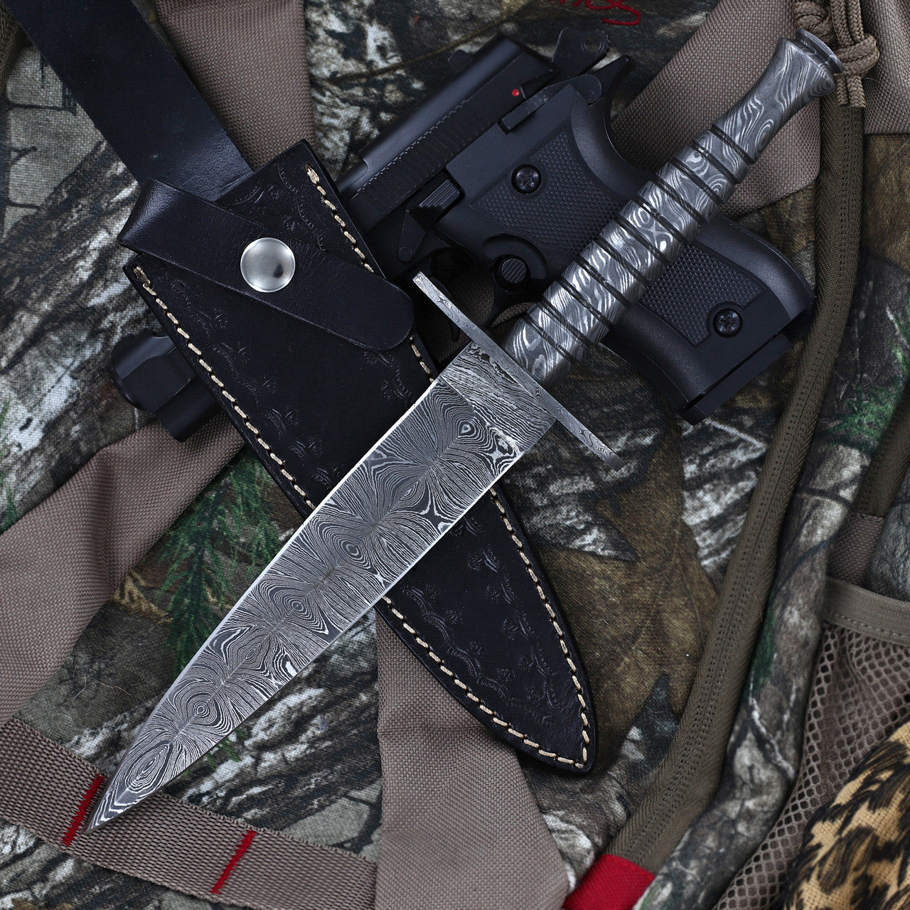 Full Damascus Steel Commando Knife with Leather Sheath Knives - Tophatter Daily Deals