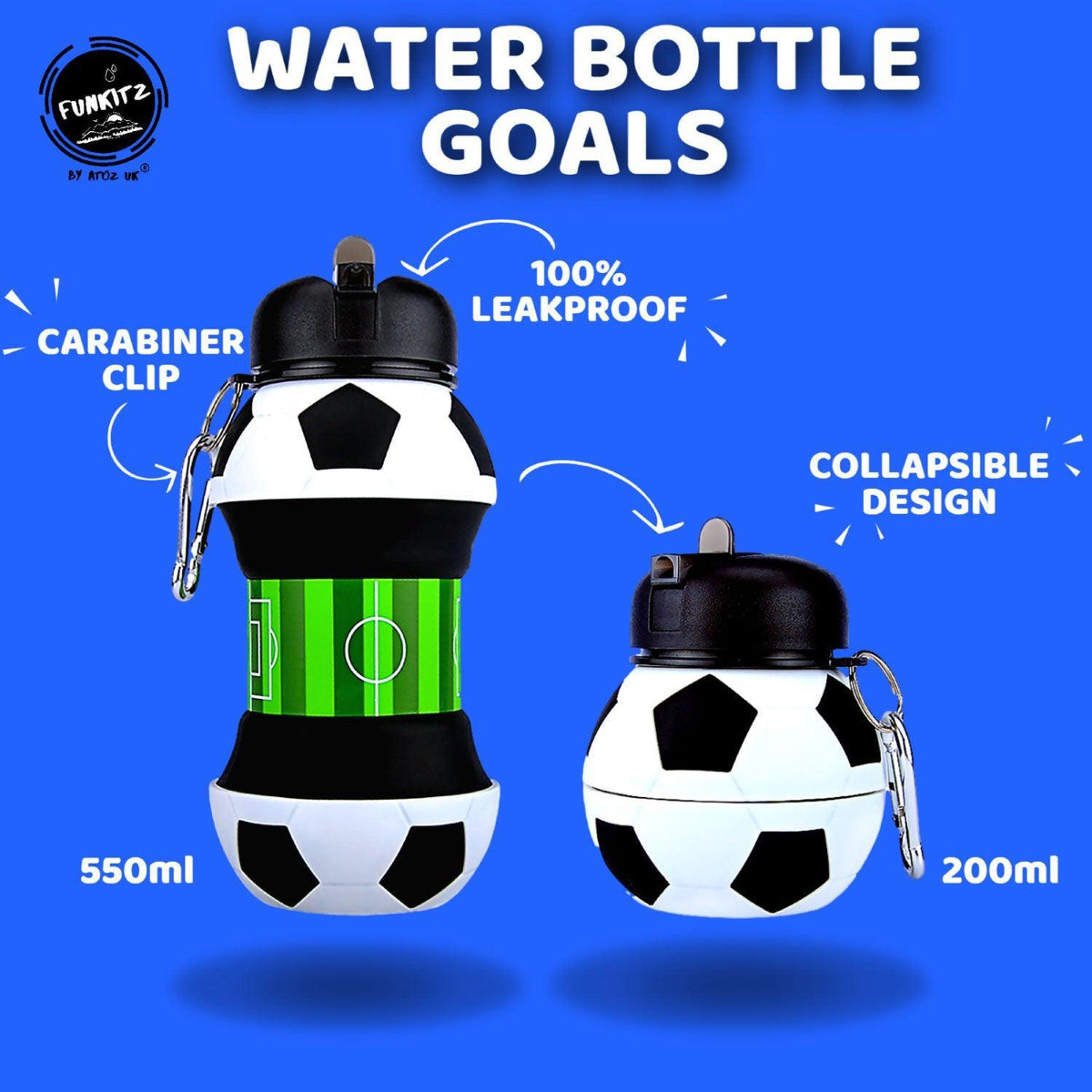 Football Water Bottles - Football Water Bottle for Kids, FunKitZ Football Water Bottle for Kids - Kids Collapsible Water Bottle Soccer - Tophatter Daily Deals