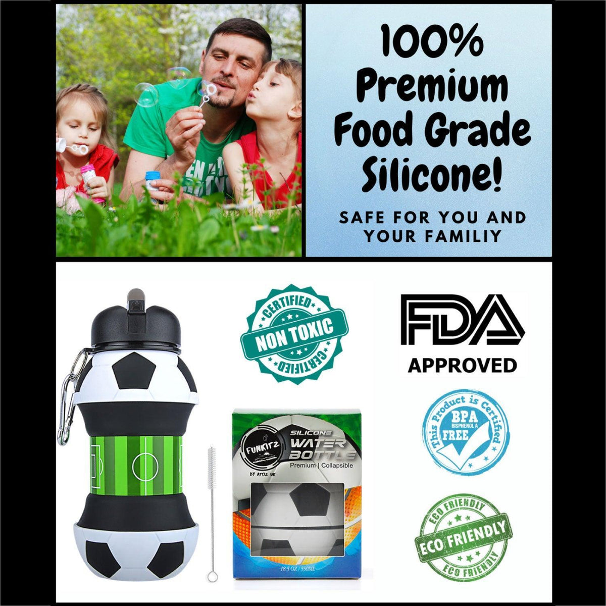 Football Water Bottles - Football Water Bottle for Kids, FunKitZ Football Water Bottle for Kids - Kids Collapsible Water Bottle Soccer - Tophatter Daily Deals