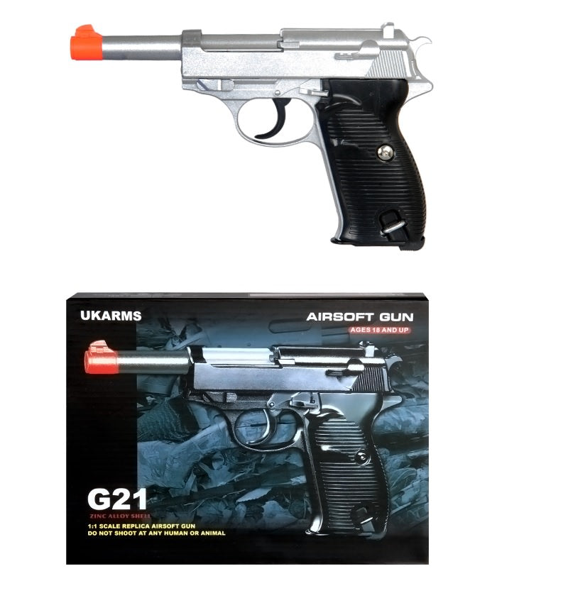 G21 Heavy Weight Spring Pistol P38 Style with Metal Magazine Silver 250 FPS Collectible Weapons - Tophatter Daily Deals