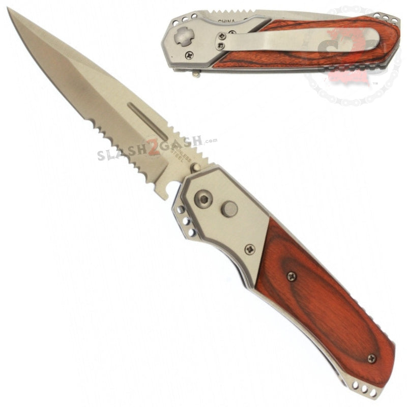 Gentleman's Rosewood Automatic Knife Serrated w/ Safety Lock silver w rosewood Knife-Auto - Tophatter Daily Deals