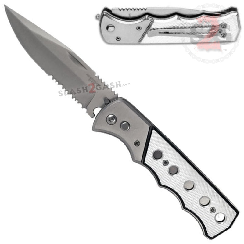 Silver Tactical Grip Automatic Knife Serrated w/ Saftey Lock Knife-Auto - Tophatter Daily Deals