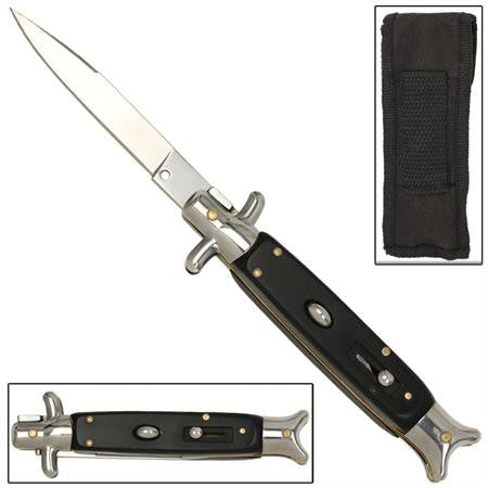 9" Italian Milano Stiletto Fishtail Silver & Black Classic Automatic Knife Knife-Auto - Tophatter Daily Deals