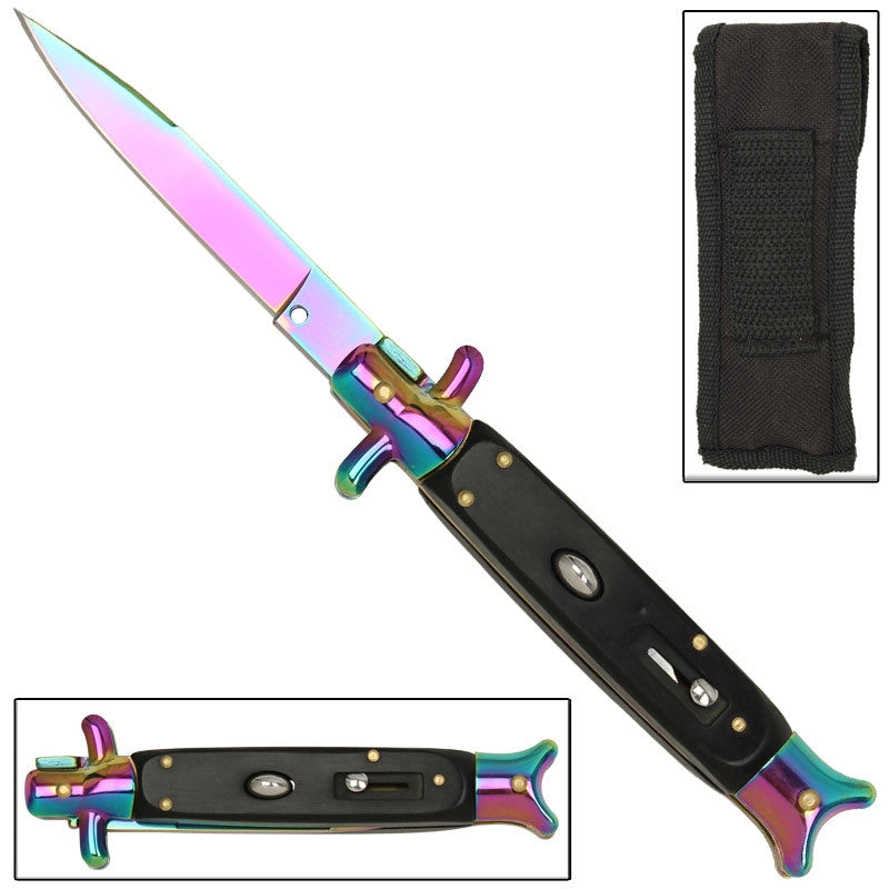 9" Italian Milano Stiletto Fishtail Titanium Rainbow Classic Automatic Knife Knife-Auto - Tophatter Daily Deals