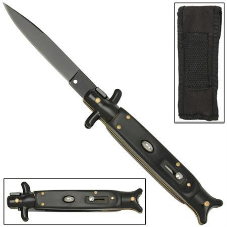 9" Italian Milano Stiletto Fishtail Black w/ Gold Classic Automatic Knife Knife-Auto - Tophatter Daily Deals