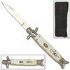 9" Italian Milano Stiletto Fishtail Silver White Pearl Classic Automatic Knife Knife-Auto - Tophatter Daily Deals