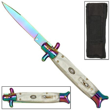 9" Italian Stiletto Fishtail Titanium Pearl Swirl Classic Automatic Knife Knife-Auto - Tophatter Daily Deals