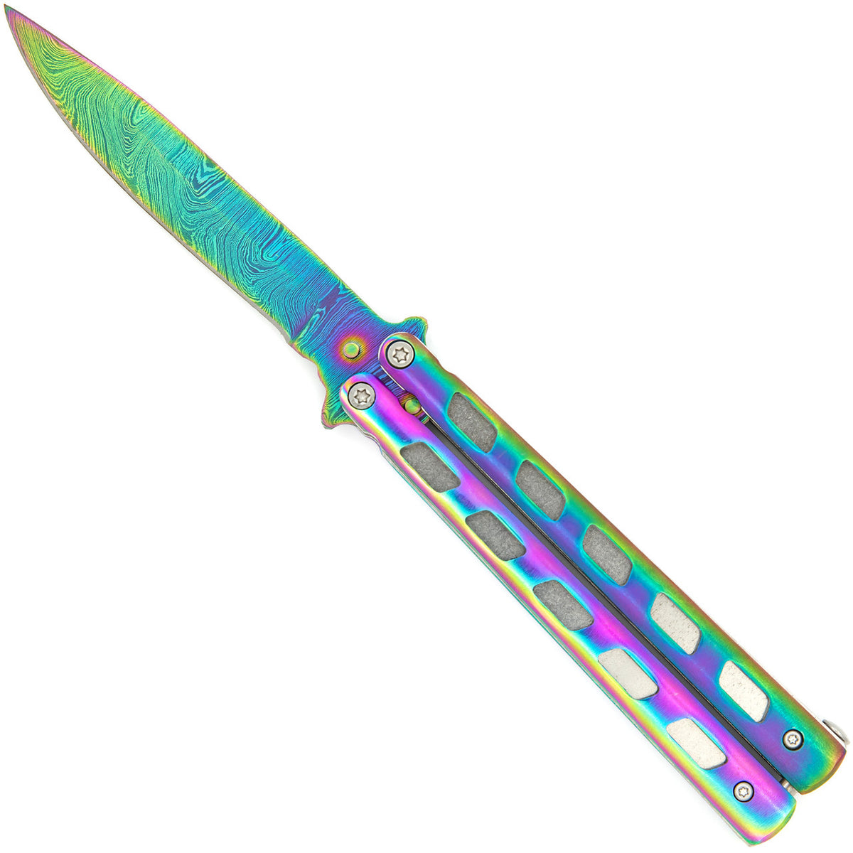 Rainbow Butterfly Knife, Titanium Damascus Drop Point Blade | ABS Holder - TOPHATTER'S ARMORY DEALS Collectible Weapons - Tophatter Daily Deals