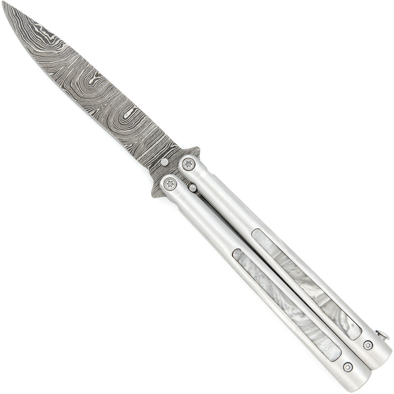Damascus Steel Pearl Marble Butterfly Knife - TOPHATTER'S ARMORY DEALS Collectible Weapons - Tophatter Daily Deals