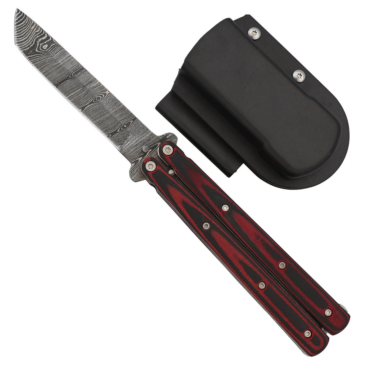 Micarta Butterfly Knife w/ ABS Belt Holster | Damascus Steel Blade | Tanto Point - TOPHATTER'S ARMORY DEALS Collectible Weapons - Tophatter Daily Deals