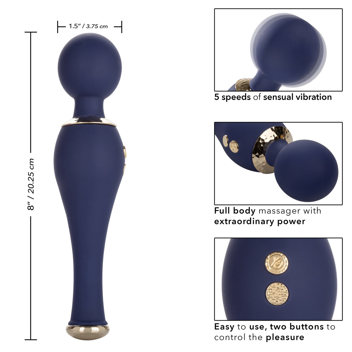 Chic Poppy Navy Blue Ultra-Plush Silicone Massager with 5 Vibration Levels and Gold Accents, Rechargeable, Waterproof > Sex Toys > Massage Wands - Tophatter Daily Deals