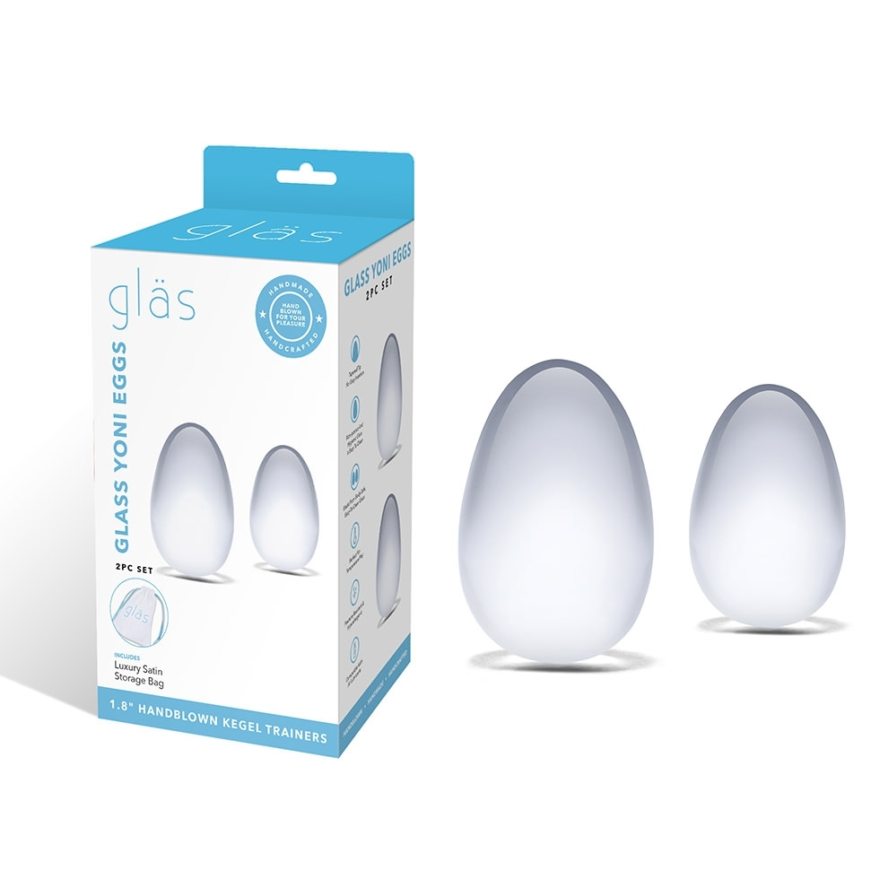 Glas Yoni Eggs 2pc Set Clear Handblown Glass Kegel Trainers with Luxury Satin Storage Bag 1.8 Inch > Sex Toys For Ladies > Kegel Exercise - Tophatter Daily Deals
