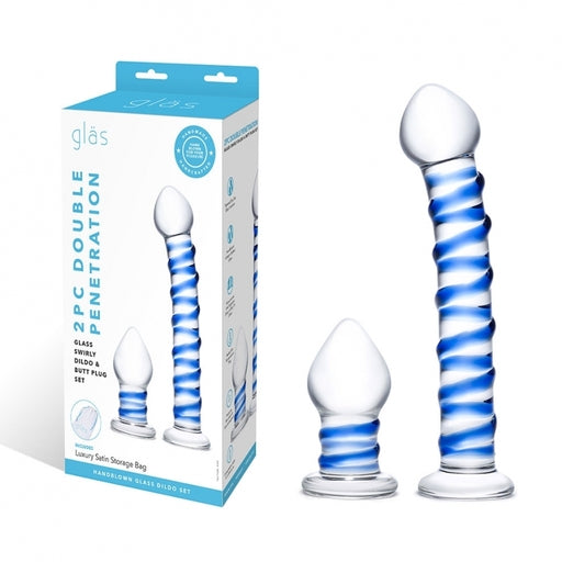 Glas 7.5 Inch and 3 Inch 2pc Double Penetration Blue and Clear Swirly Glass Dildo and Buttplug Set > Glass > Dildos - Tophatter Daily Deals