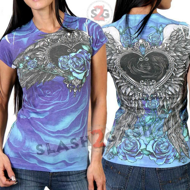 Hot Leathers Angel Roses Wings Allover Sublimation Ladies T-Shirt Ladies Short Sleeve - Tophatter Daily Deals