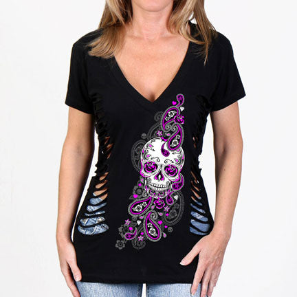 Hot Leathers Slit Side Sugar Paisley Shirt Ladies Short Sleeve - Tophatter Daily Deals